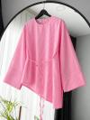 Asimetrik Kesim Çizgili İnce Kuşaklı Poplin Tunik_Pembe