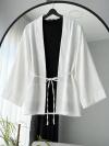 Çift Cepli İnce Kuşaklı Müslin Kimono_Ekru