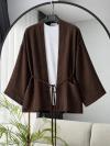 Çift Cepli İnce Kuşaklı Müslin Kimono_Kahve