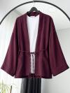 Çift Cepli İnce Kuşaklı Müslin Kimono_Mürdüm