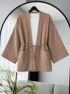 Çift Cepli Kuşaklı Müslin Kumaş Kimono_Koyu Bej