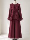 Fırfırlı Bağlamalı Pantolonlu Şifon Takım_Bordo
