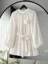 Gül Aksesuarlı Bağlamalı Tencel Tunik_Ekru