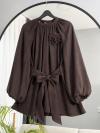 Gül Aksesuarlı Bağlamalı Tencel Tunik_Koyu Kahve