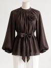 Gül Aksesuarlı Bağlamalı Tencel Tunik_Koyu Kahve