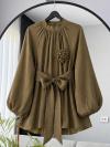Gül Aksesuarlı Bağlamalı Tencel Tunik_Yağ Yeşili