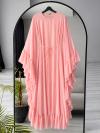 İkili Abaya Oversıze Yanları Volanlı Şifon Elbise_Pembe