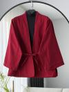 İnce Kuşaklı Kanvas Kimono_Bordo