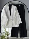 İnce Kuşaklı Kanvas Kimono_Ekru