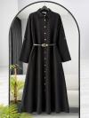Kolu Katlamalı Oversıze Keten Elbise_Siyah
