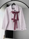 Önü İki Bağlamalı Çizgili Poplin Gömlek_Ekru Bordo