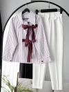 Önü İki Bağlamalı Çizgili Poplin Gömlek_Ekru Bordo