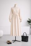 Önü Piliseli İnce Kuşaklı Elbise_Taş