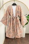 Oversıze Şal New Desenli Kuşaklı Uzun Kimono_Bej
