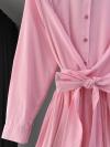 Patı Düğmeli Beli Kuşaklı Bağlamalı Poplin Elbise_Açık Pembe