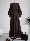 Pelerinli İkili Diogonel Tencel Elbise_Kahve