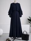 Pelerinli İkili Diogonel Tencel Elbise_Lacivert