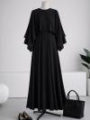 Pelerinli İkili Diogonel Tencel Elbise_Siyah
