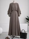 Pelerinli İkili Diogonel Tencel Elbise_Vizon