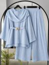 Pelerinli Tokalı Muslin Modal Pantolonlu Takım_Bebe Mavi