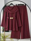 Pelerinli Tokalı Muslin Modal Pantolonlu Takım_Bordo