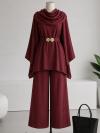 Pelerinli Tokalı Muslin Modal Pantolonlu Takım_Bordo