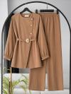 Üç Düğmeli Kuşağı Tokalı Pantolonlu Modal Takım_Camel
