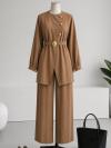 Üç Düğmeli Kuşağı Tokalı Pantolonlu Modal Takım_Camel