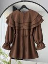 Yakası Üç Katlı İnce Kuşaklı Tencel Tunik_Kahve