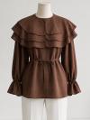 Yakası Üç Katlı İnce Kuşaklı Tencel Tunik_Kahve
