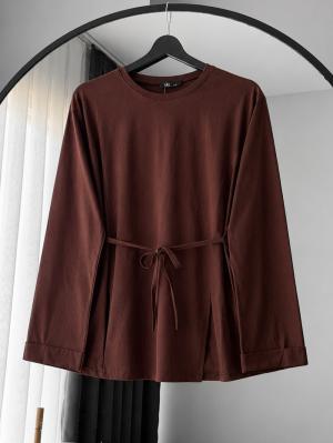 Önü Yırtmaçlı Beli Bağlamalı Tunik_Kahve