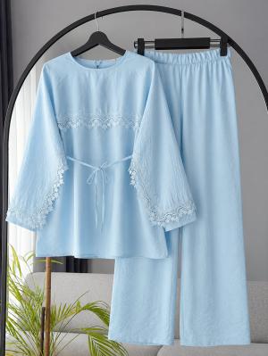 Pelerinli Dantel Detaylı Pantolonlu Takım_Bebe Mavi
