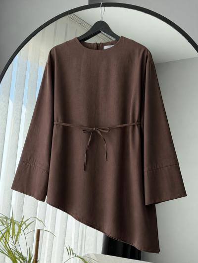 Asimetrik Kesim İnce Kuşaklı Poplin Tunik_Kahve