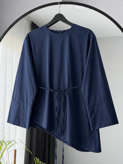 Asimetrik Kesim İnce Kuşaklı Poplin Tunik_Lacivert