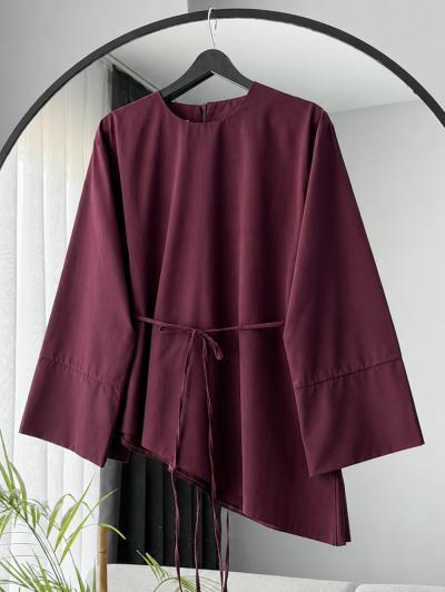 Asimetrik Kesim İnce Kuşaklı Poplin Tunik_Mürdüm