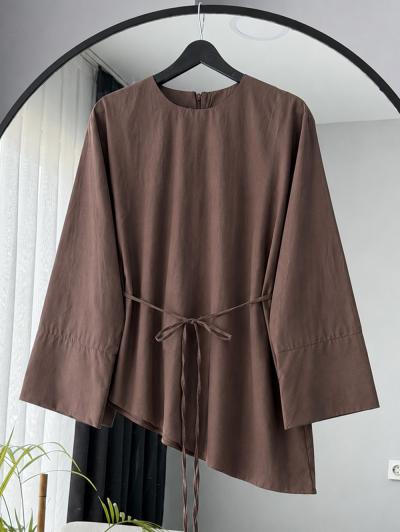Asimetrik Kesim İnce Kuşaklı Poplin Tunik_Sütlü Kahve