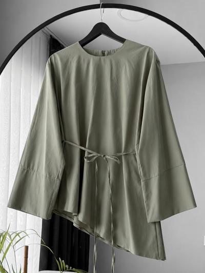 Asimetrik Kesim İnce Kuşaklı Poplin Tunik_Adaçayı