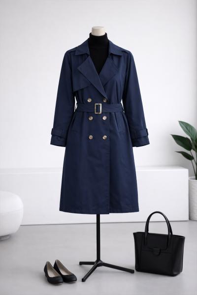 Astarı Burberry Apoletli Tokalı Altı Düğmeli Trençkot_Lacivert