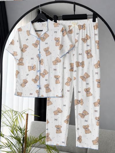 Ayıcık Desenli Kurdeleli Pijama Takımı_Ekru