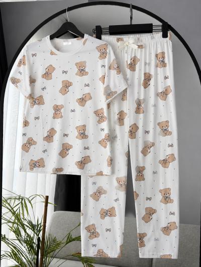 Ayıcık Desenli Pijama Takımı_Ekru