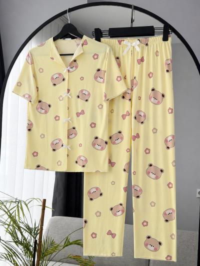 Ayıcık Kafa Desenli Kurdeleli Pijama Takımı_Sarı