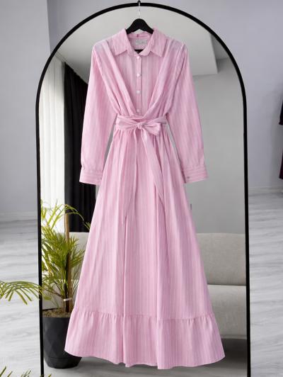 Bağlamalı Patı Çıtçıtlı Çizgili Elbise_Pembe