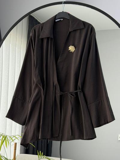Bağlamalı Broşlu Modal Kimono_Koyu Kahve