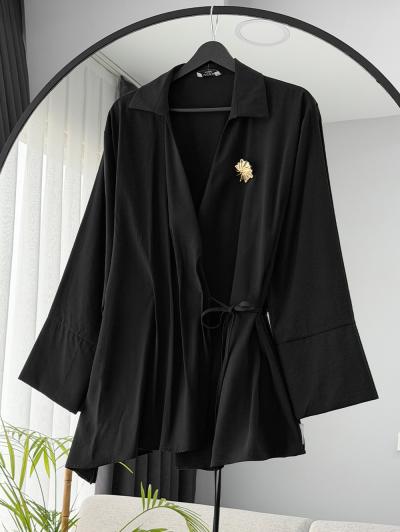 Bağlamalı Broşlu Modal Kimono_Siyah