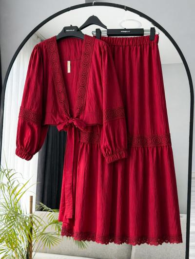 Bağlamalı Üstü Eteği Dantel Detaylı Takım_Bordo