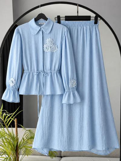 Beli Bağlamalı Çiçek Detay Tül Modal Etekli Takım_Bebe Mavi