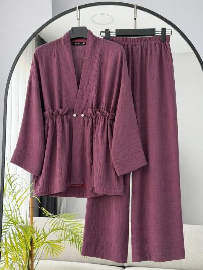 Beli Büzgülü İnci Düğmeli Müslin Pantolonlu Takım_Bordo