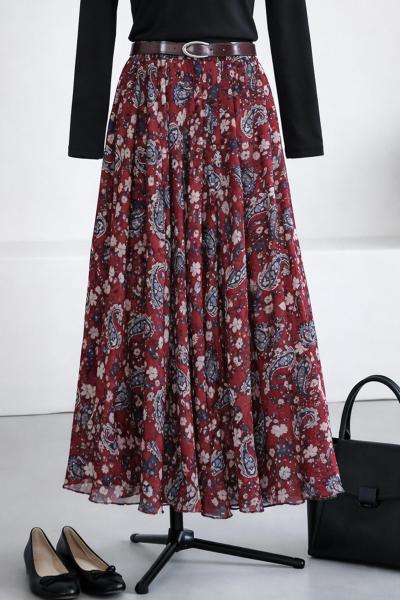 Beli Kemerli Renkli Şal Desen Şifon Etek_Bordo