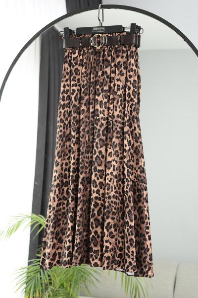 Beli Kemerli Leopar Desenli Saten Etek_Kahve