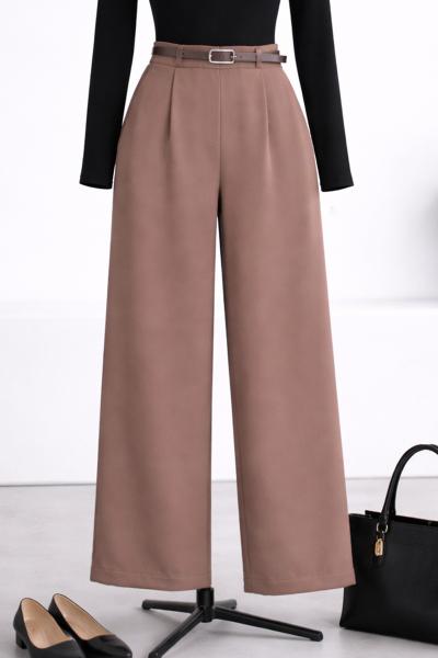 Beli Kemerli Lastikli Krep Pantolon_Kahve